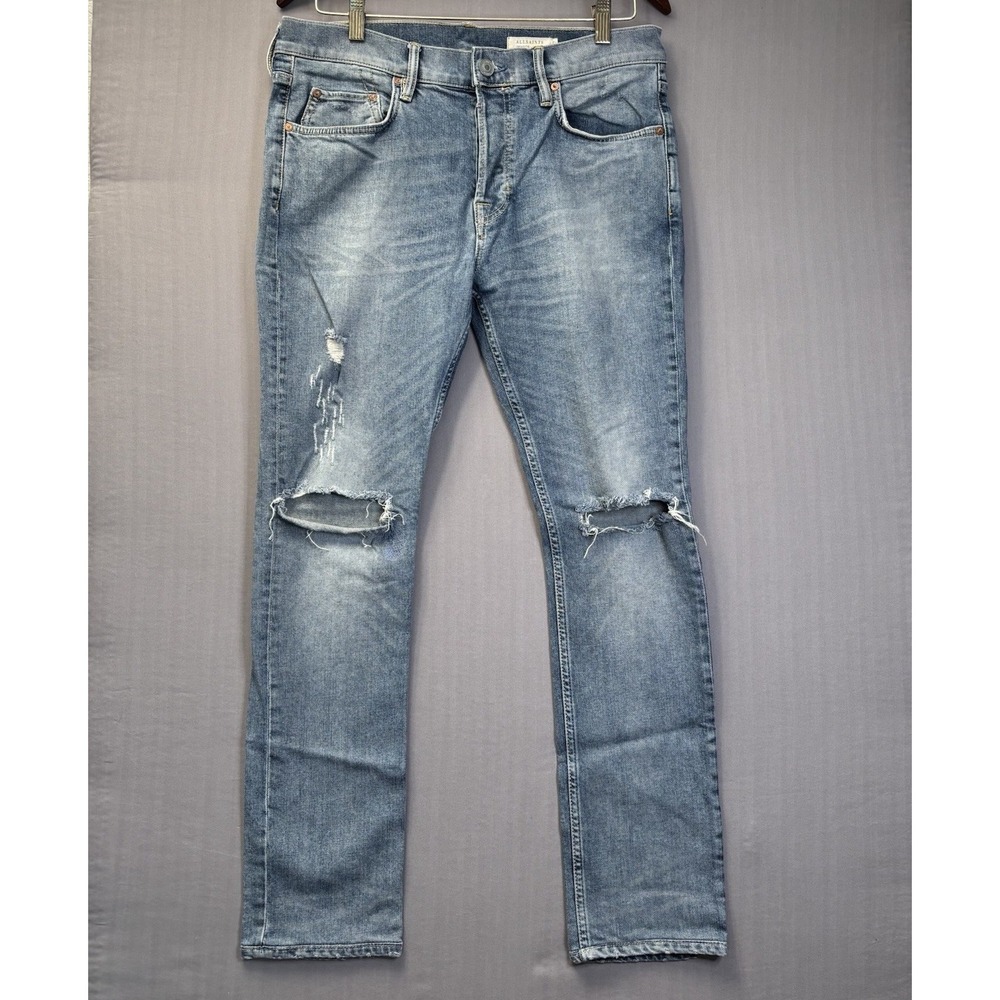 AllSaints Cigarette Jeans Mens 32x28 Light Wash Distressed Rip Button Fly Slim